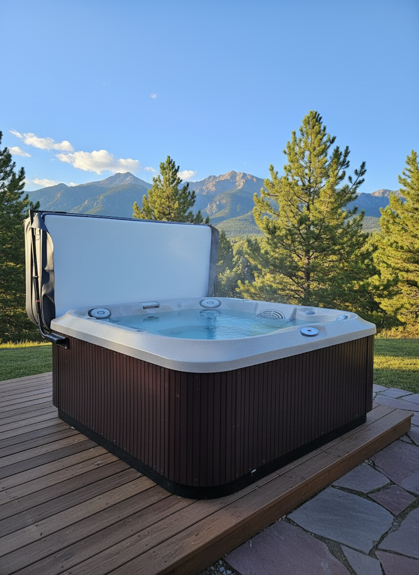 Premium spa cover on a hot tub in a snowy Colorado backyard