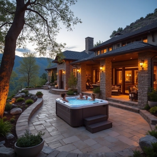 Hot tub glowing with LED lights at night in a backyard